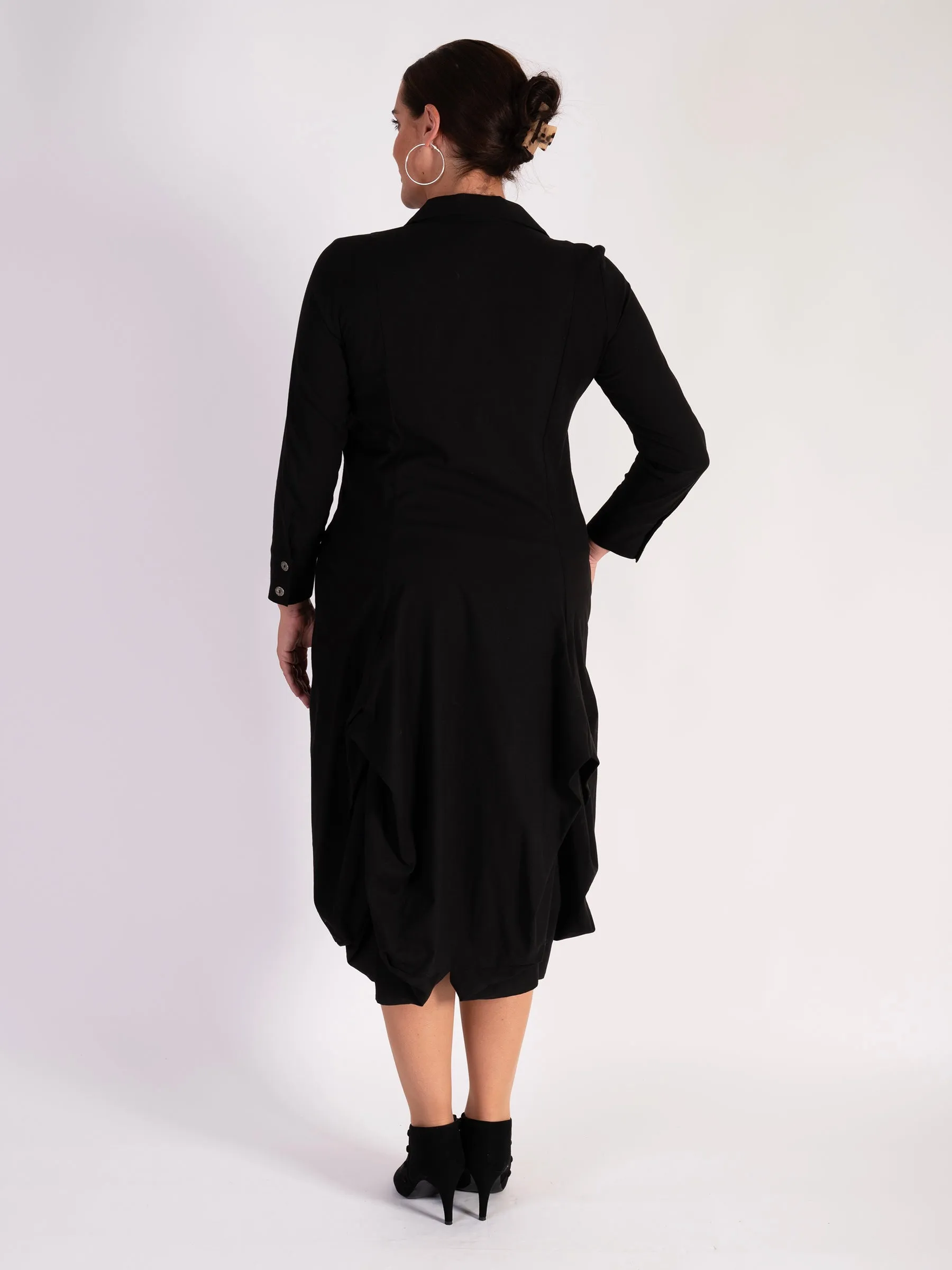 Black Collared Drape Dress with Tuck Detail