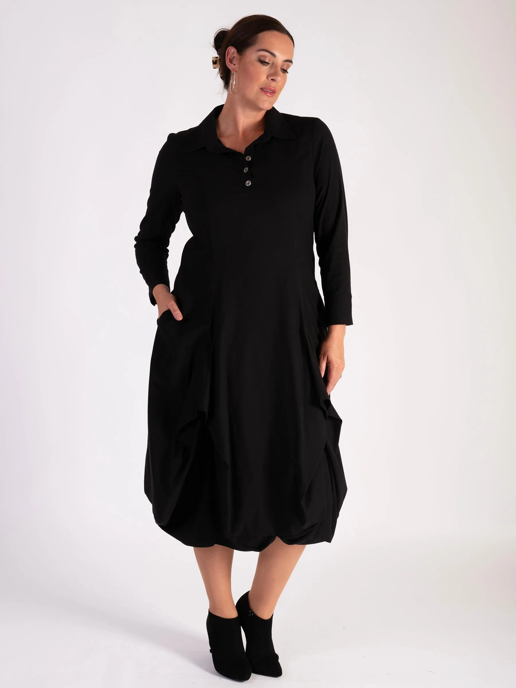 Black Collared Drape Dress with Tuck Detail