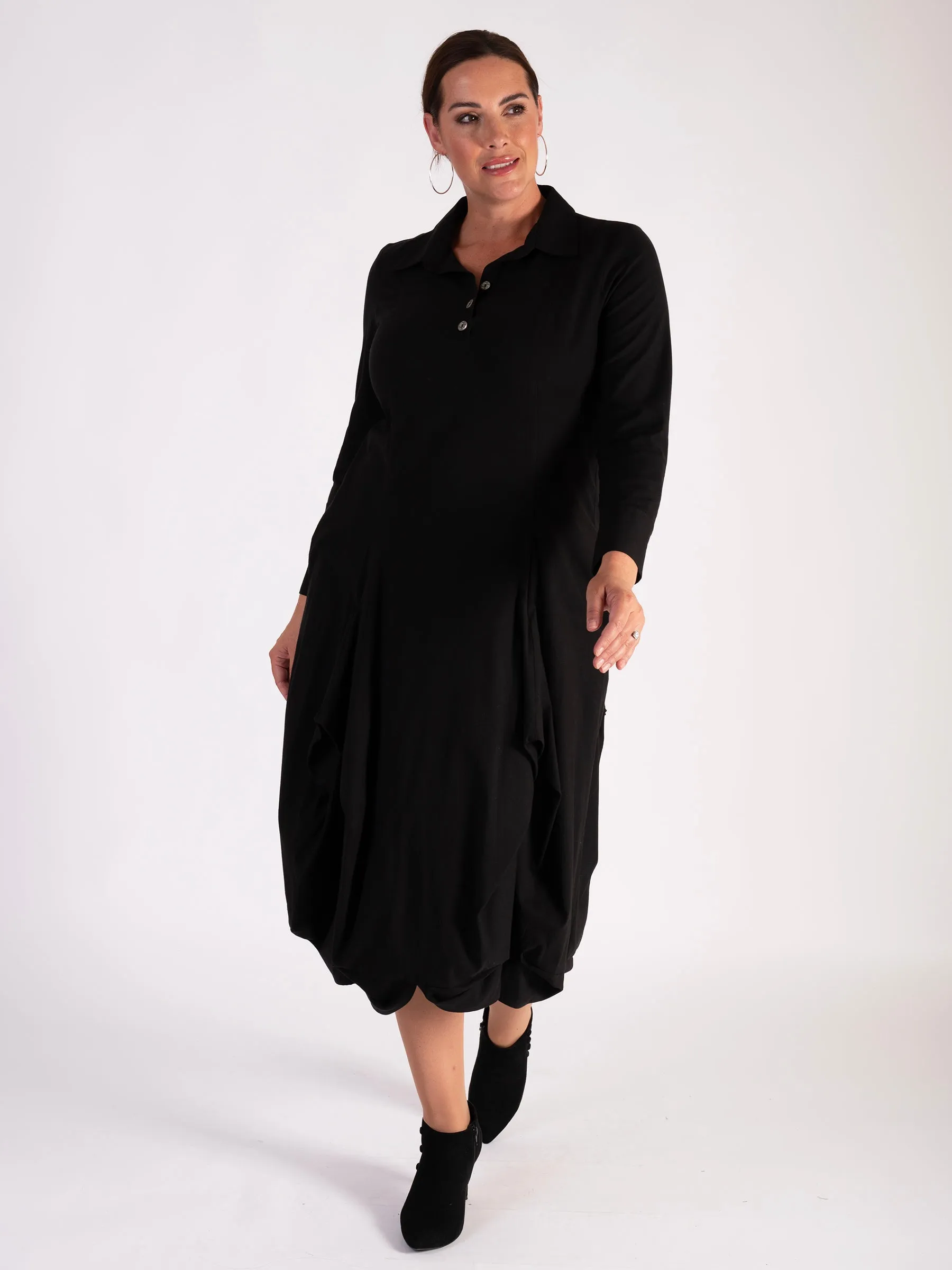 Black Collared Drape Dress with Tuck Detail
