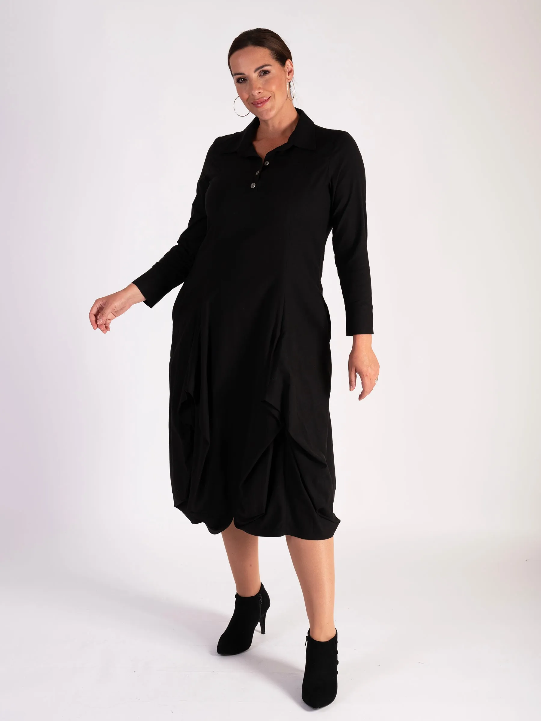 Black Collared Drape Dress with Tuck Detail