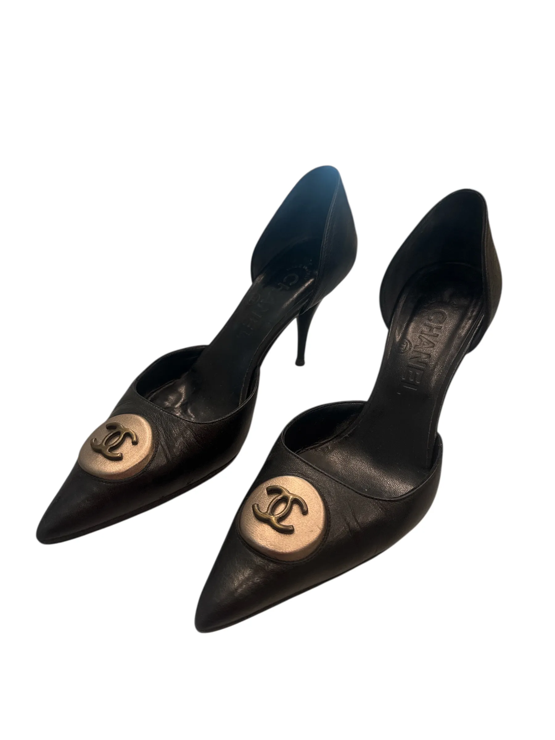 Chanel Black Heels Silver Logo