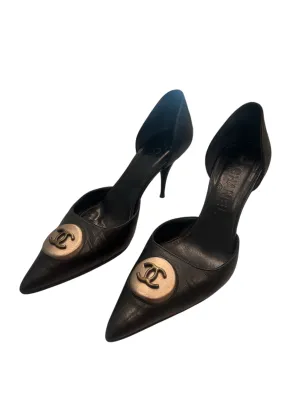 Chanel Black Heels Silver Logo
