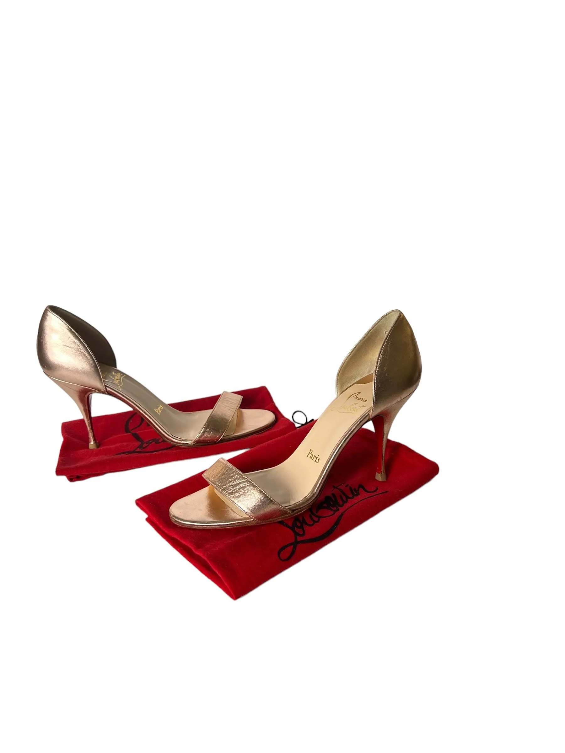 CHRISTIAN LOUBOUTIN ROSE GOLD METALLIC DORSAY OPEN TOE SANDALS SIZE 39
