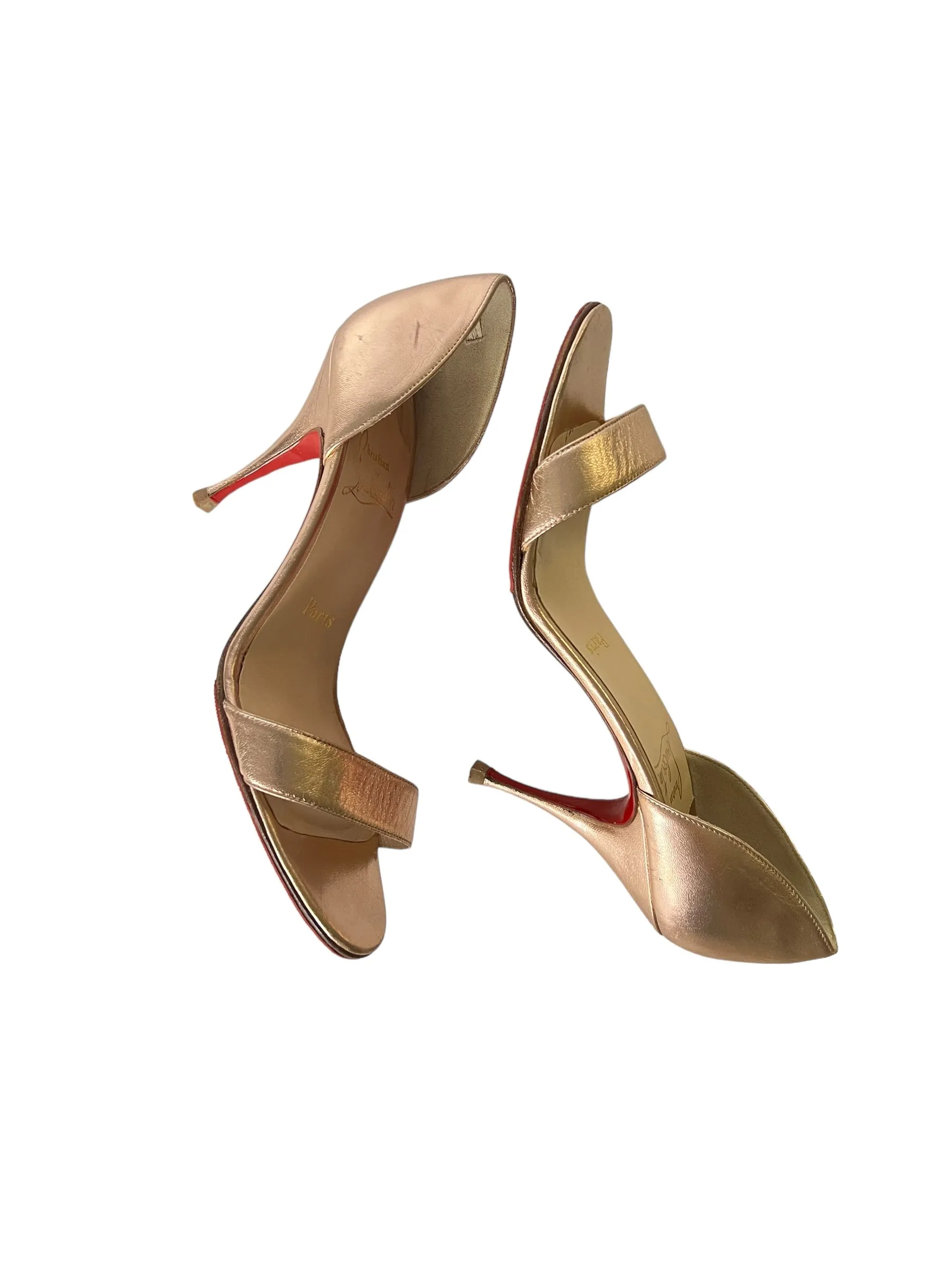 CHRISTIAN LOUBOUTIN ROSE GOLD METALLIC DORSAY OPEN TOE SANDALS SIZE 39