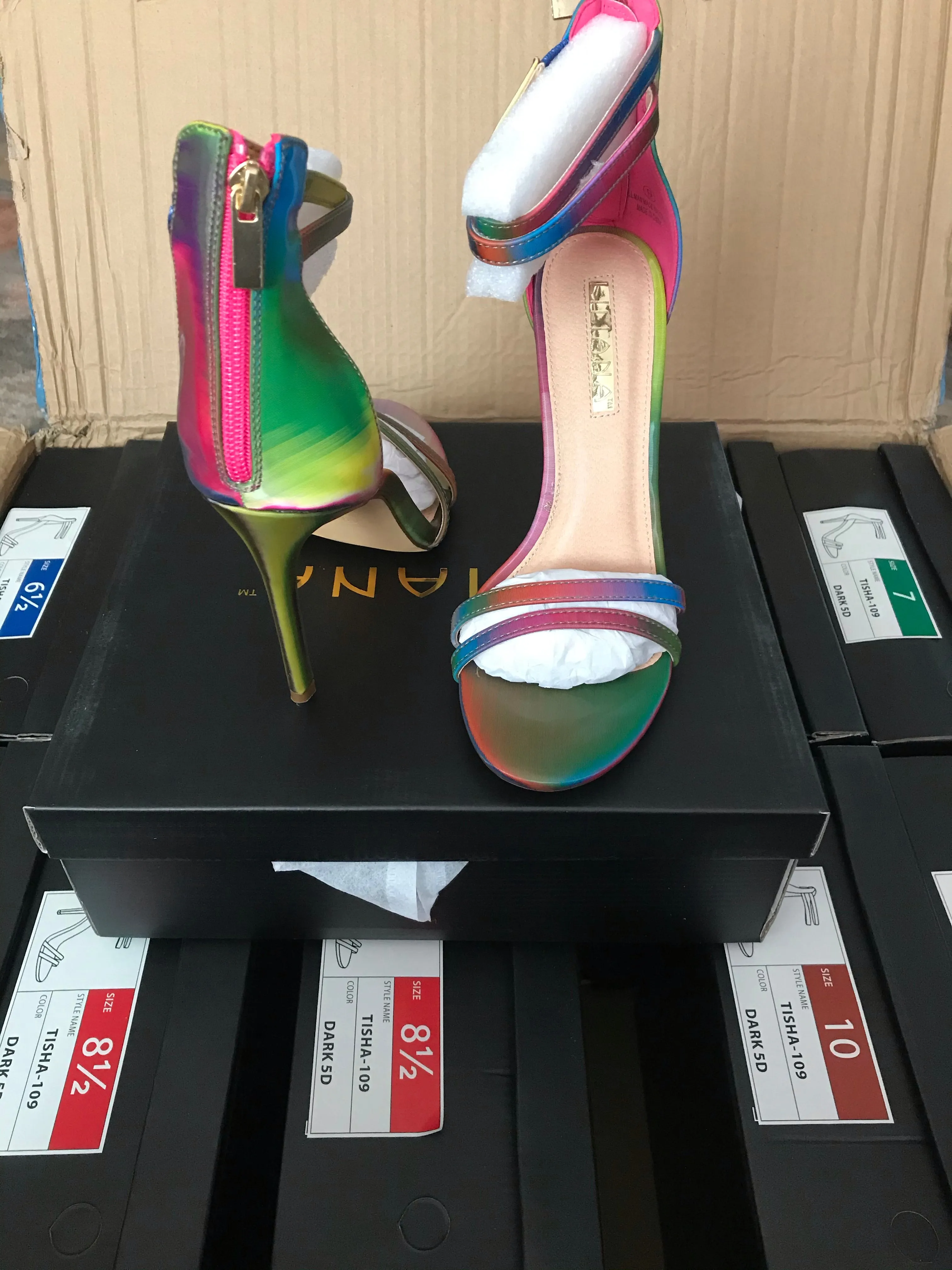 Color Me Bad Multi Rainbow Open Toe Ankle Strap Heels
