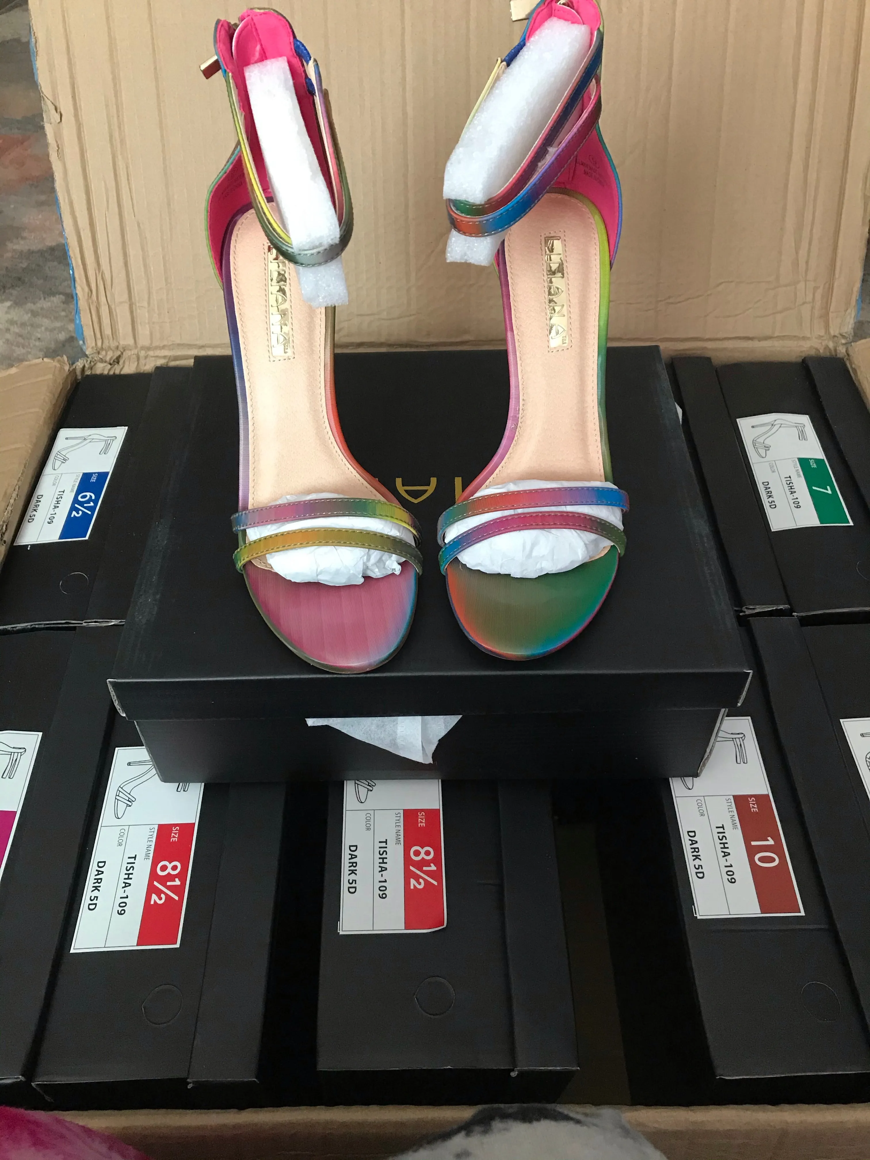 Color Me Bad Multi Rainbow Open Toe Ankle Strap Heels