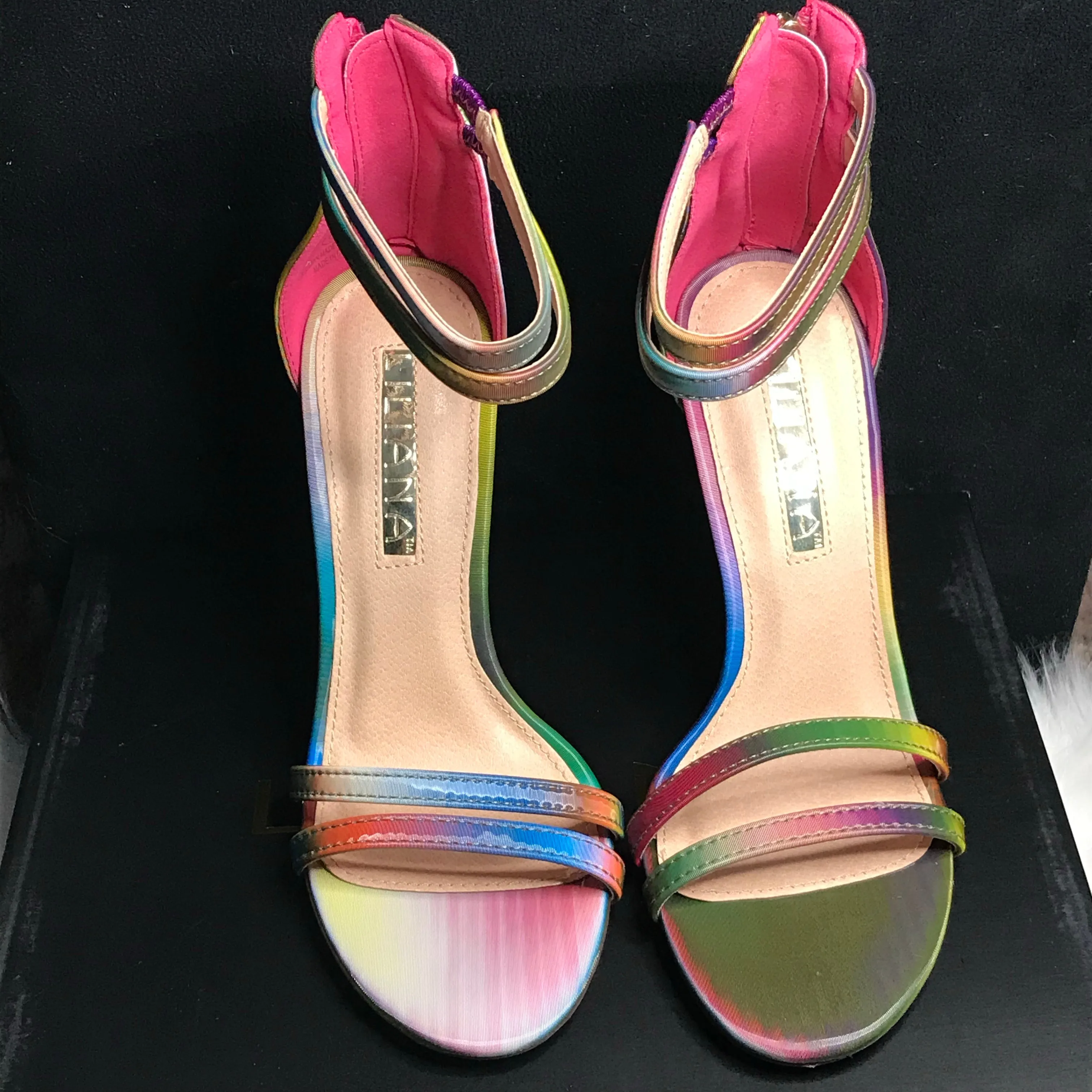 Color Me Bad Multi Rainbow Open Toe Ankle Strap Heels