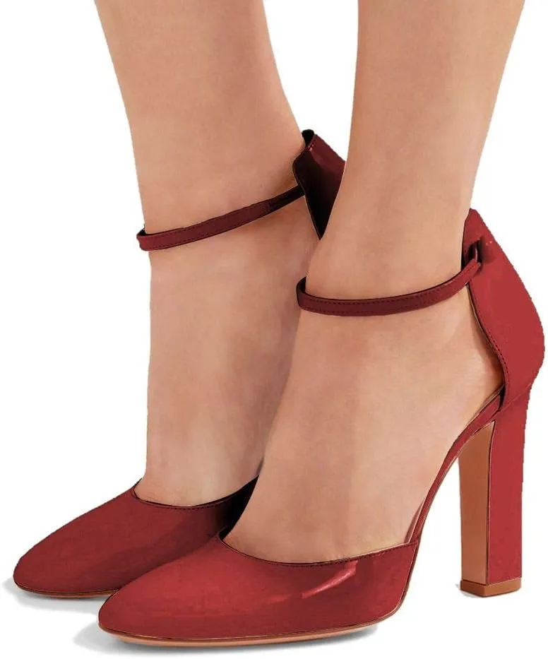 FSJ Women D'Orsay Comfort Ankle Strap High Chunky Heels Closed Point Toe Buckle Up Fancy Dance Ballroom Shoes Size 4-15 M US