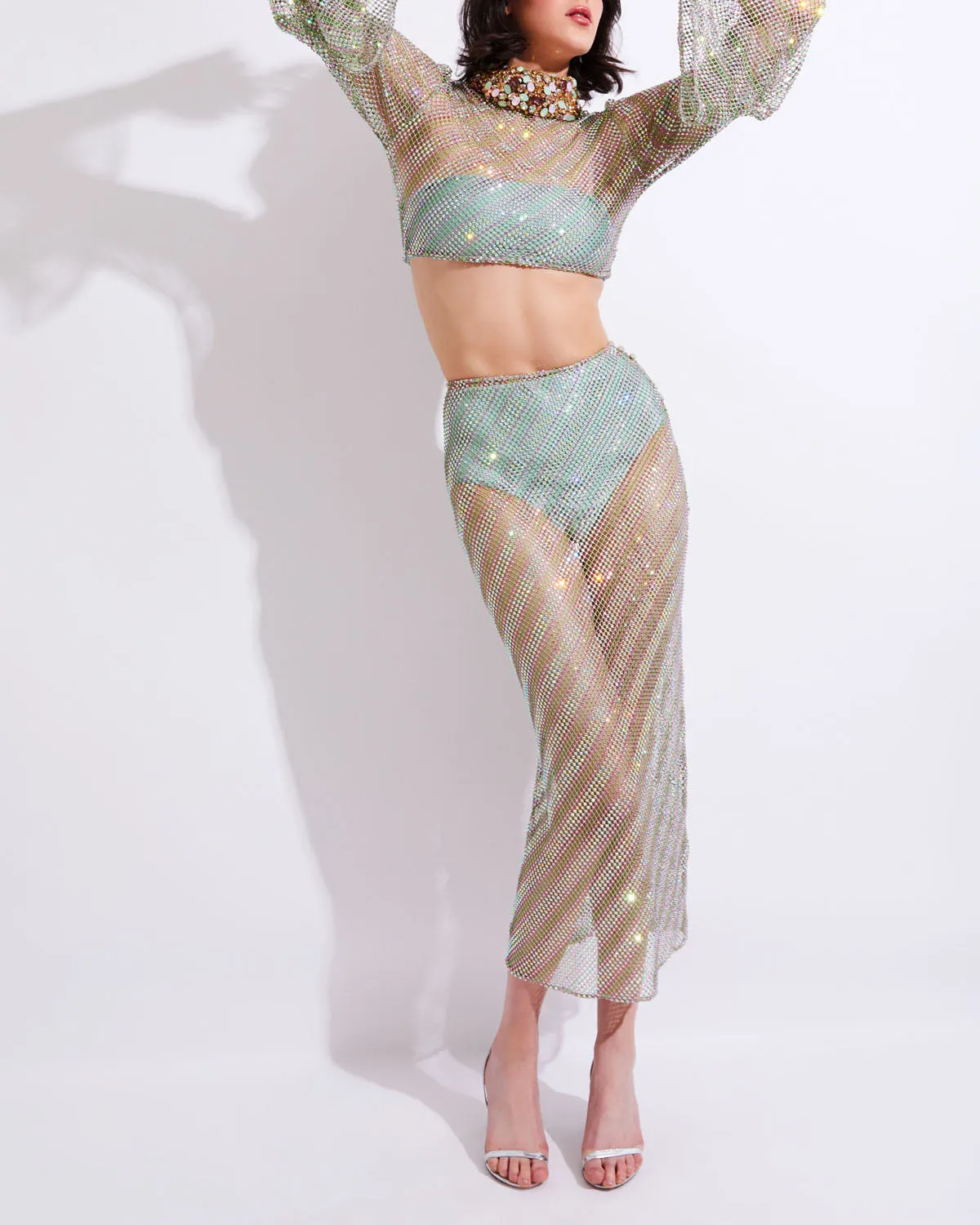 Hand-Beaded Rhinestone Netted Top