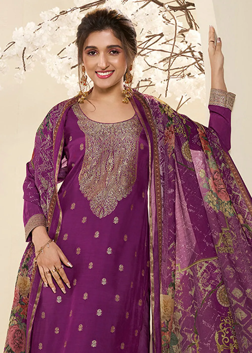 Lollipop Purple Muslin Jacquard Suit Featuring Designer Yoke & Thread Weaving Work