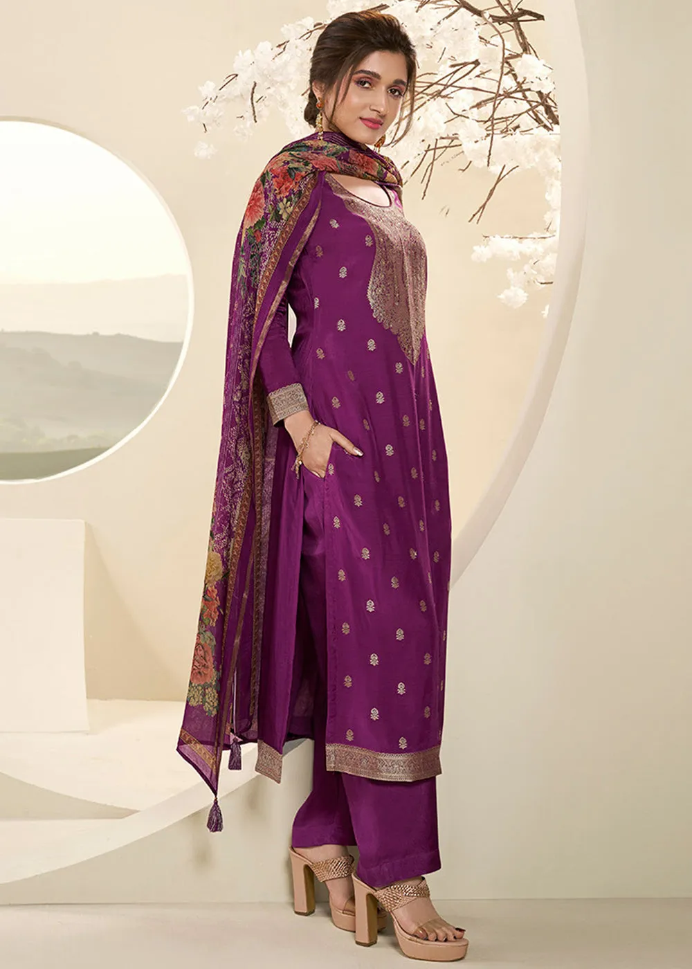 Lollipop Purple Muslin Jacquard Suit Featuring Designer Yoke & Thread Weaving Work