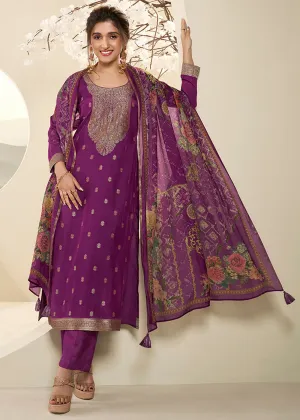 Lollipop Purple Muslin Jacquard Suit Featuring Designer Yoke & Thread Weaving Work