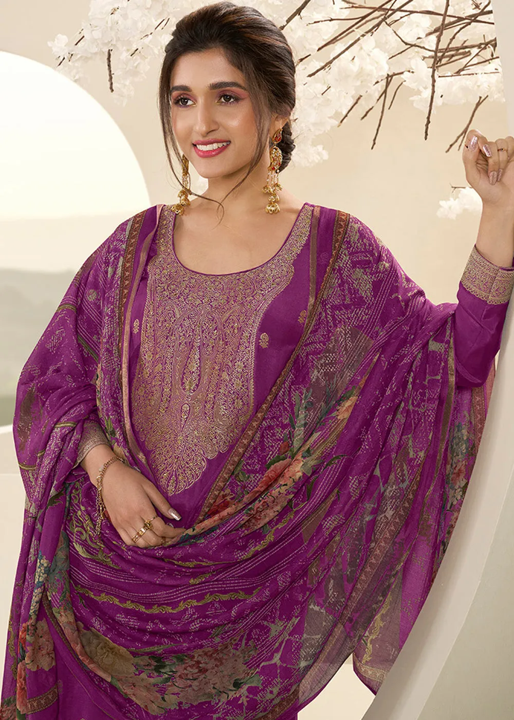 Lollipop Purple Muslin Jacquard Suit Featuring Designer Yoke & Thread Weaving Work