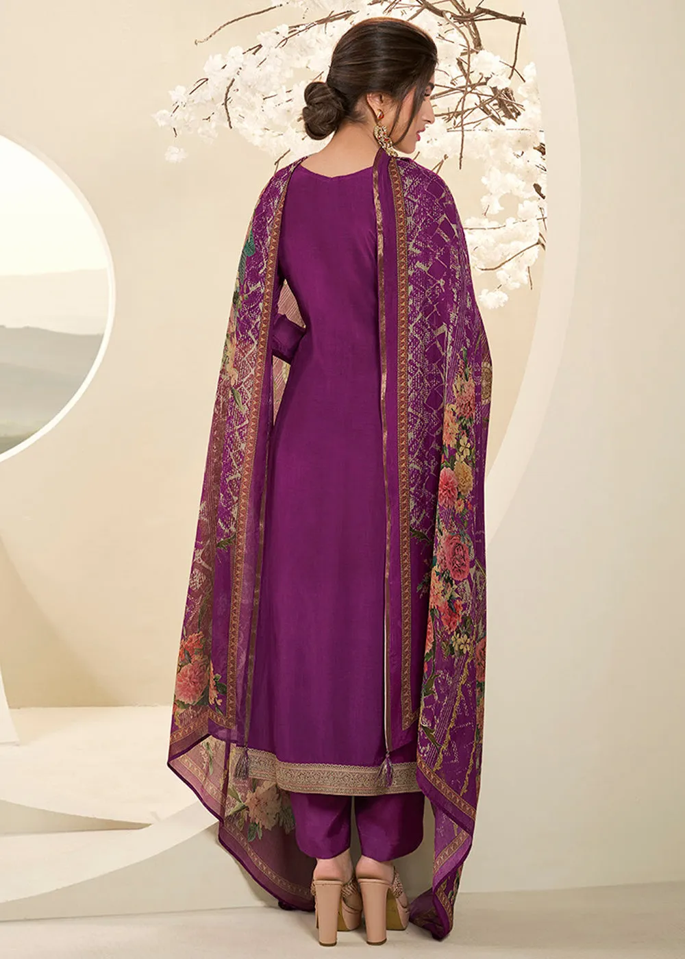 Lollipop Purple Muslin Jacquard Suit Featuring Designer Yoke & Thread Weaving Work