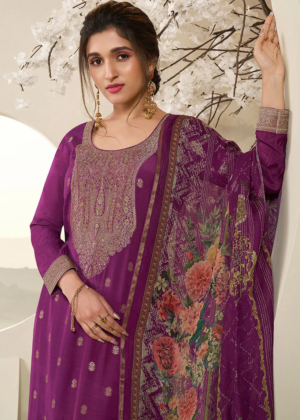 Lollipop Purple Muslin Jacquard Suit Featuring Designer Yoke & Thread Weaving Work