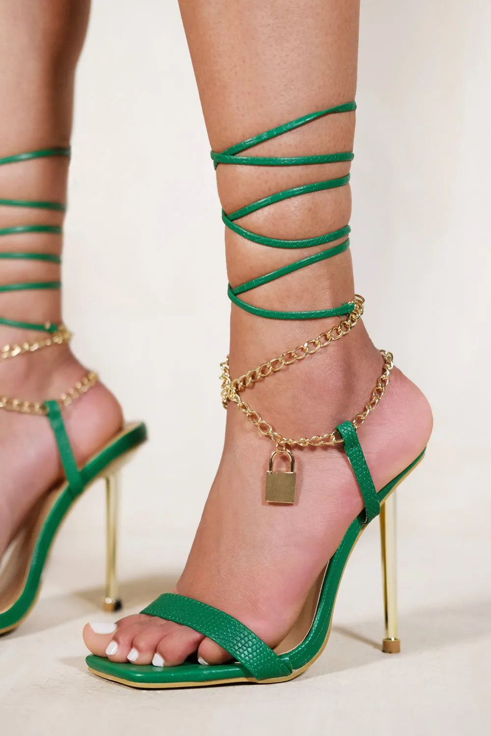 MARLOWE SQUARE TOE HIGH HEEL WITH CHAIN PADLOCK DETAIL IN JADE GREEN LIZARD