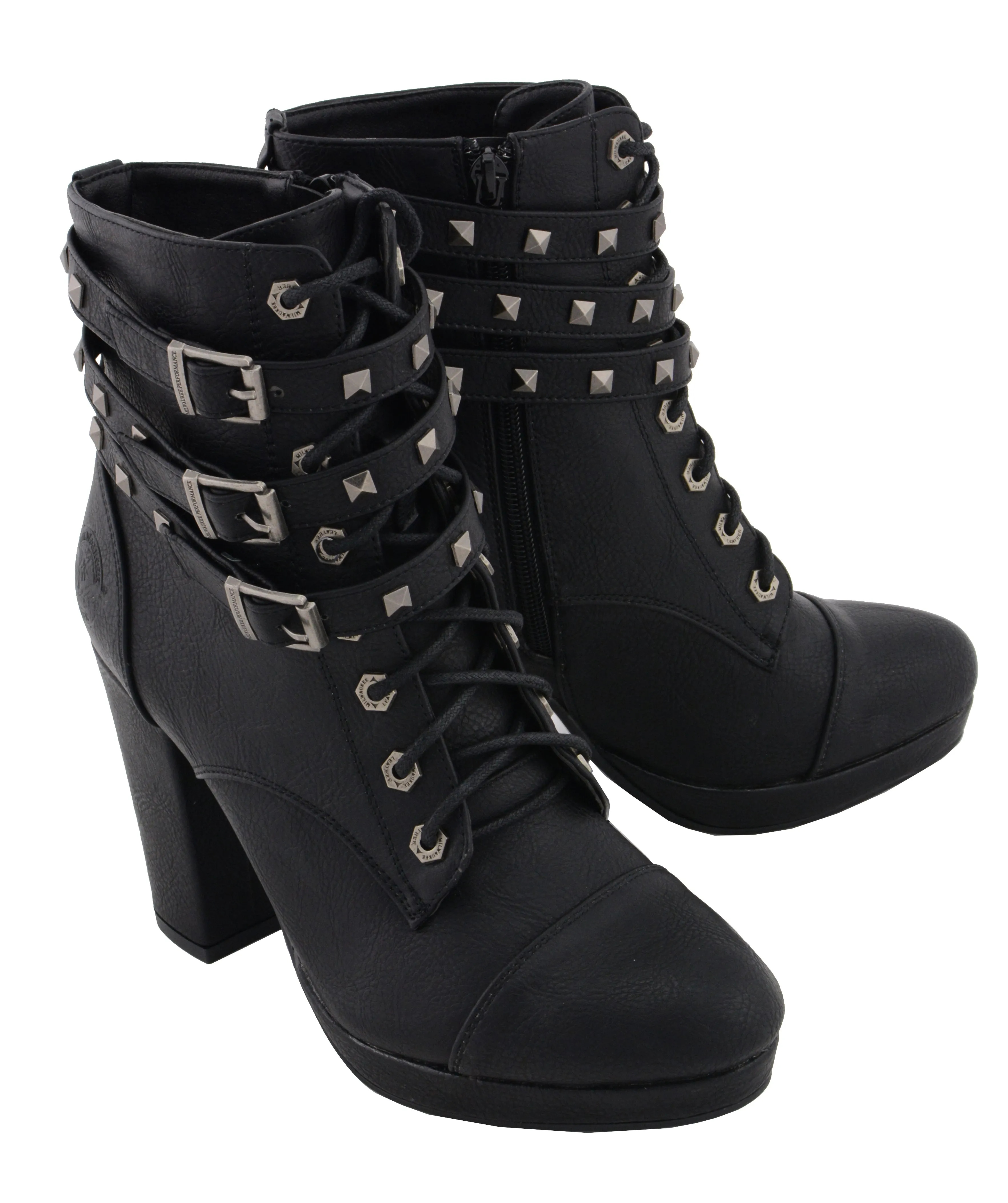 MBL9417 Women's Black Lace-Up Boots with Triple Strap Studded Accents