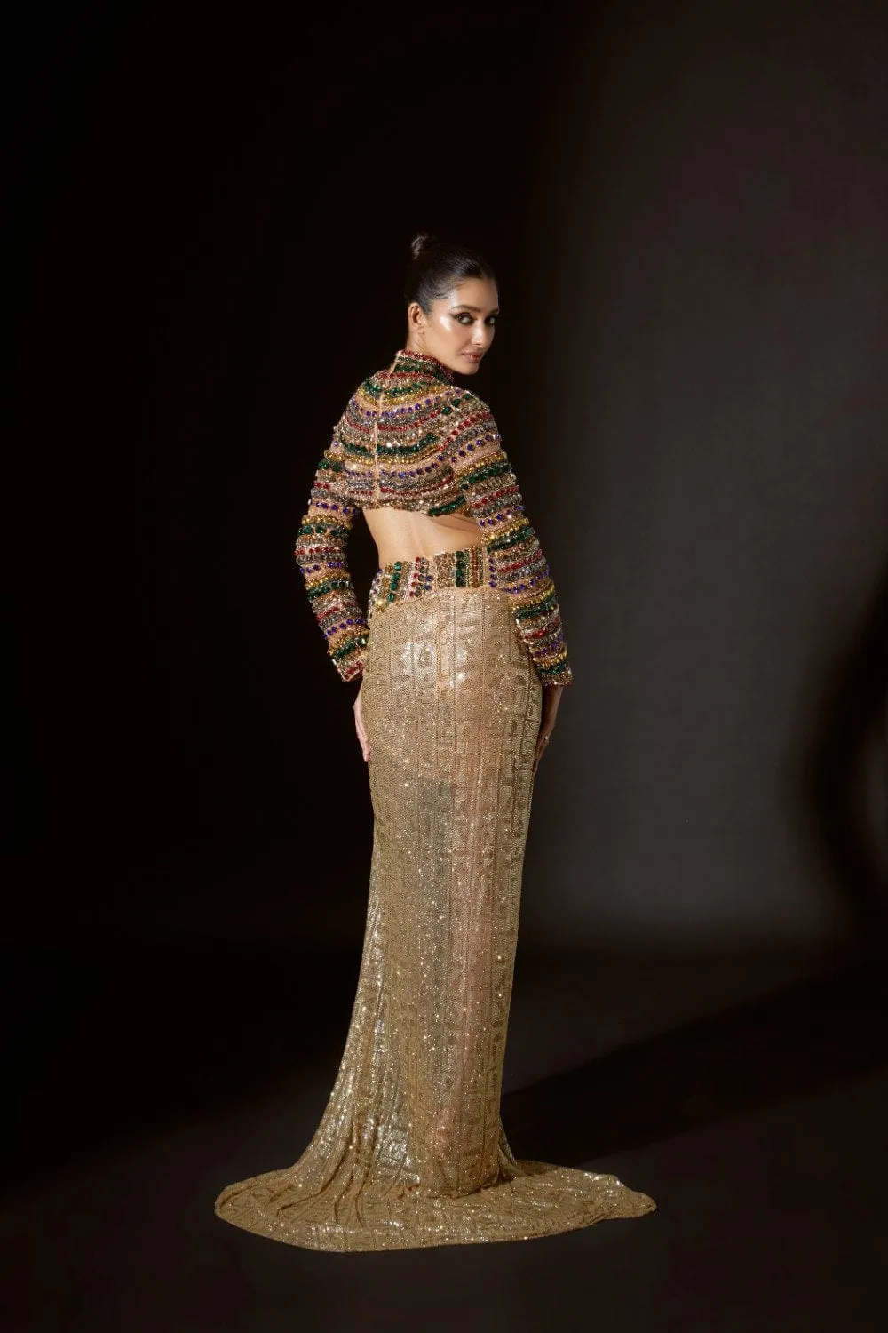 Multi-Colored Net Crystal Embellished Slit Skirt Set