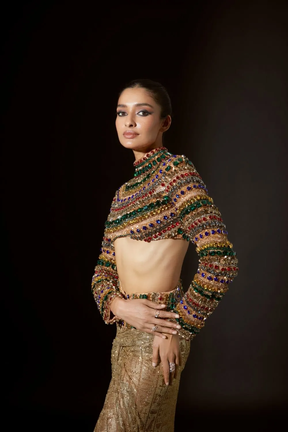 Multi-Colored Net Crystal Embellished Slit Skirt Set