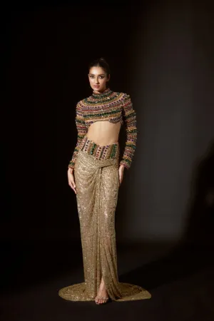 Multi-Colored Net Crystal Embellished Slit Skirt Set