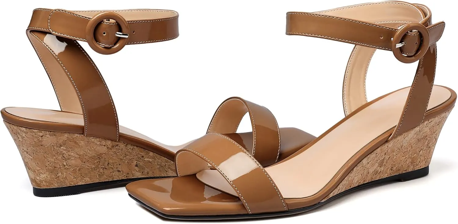 YODEKS Womens Wedge Sandals 2 Inch Low Cork Heel Pumps Square Open Toe Shoes with Ankle Strap for Party Workplace Casual Dress