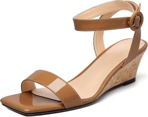 YODEKS Womens Wedge Sandals 2 Inch Low Cork Heel Pumps Square Open Toe Shoes with Ankle Strap for Party Workplace Casual Dress