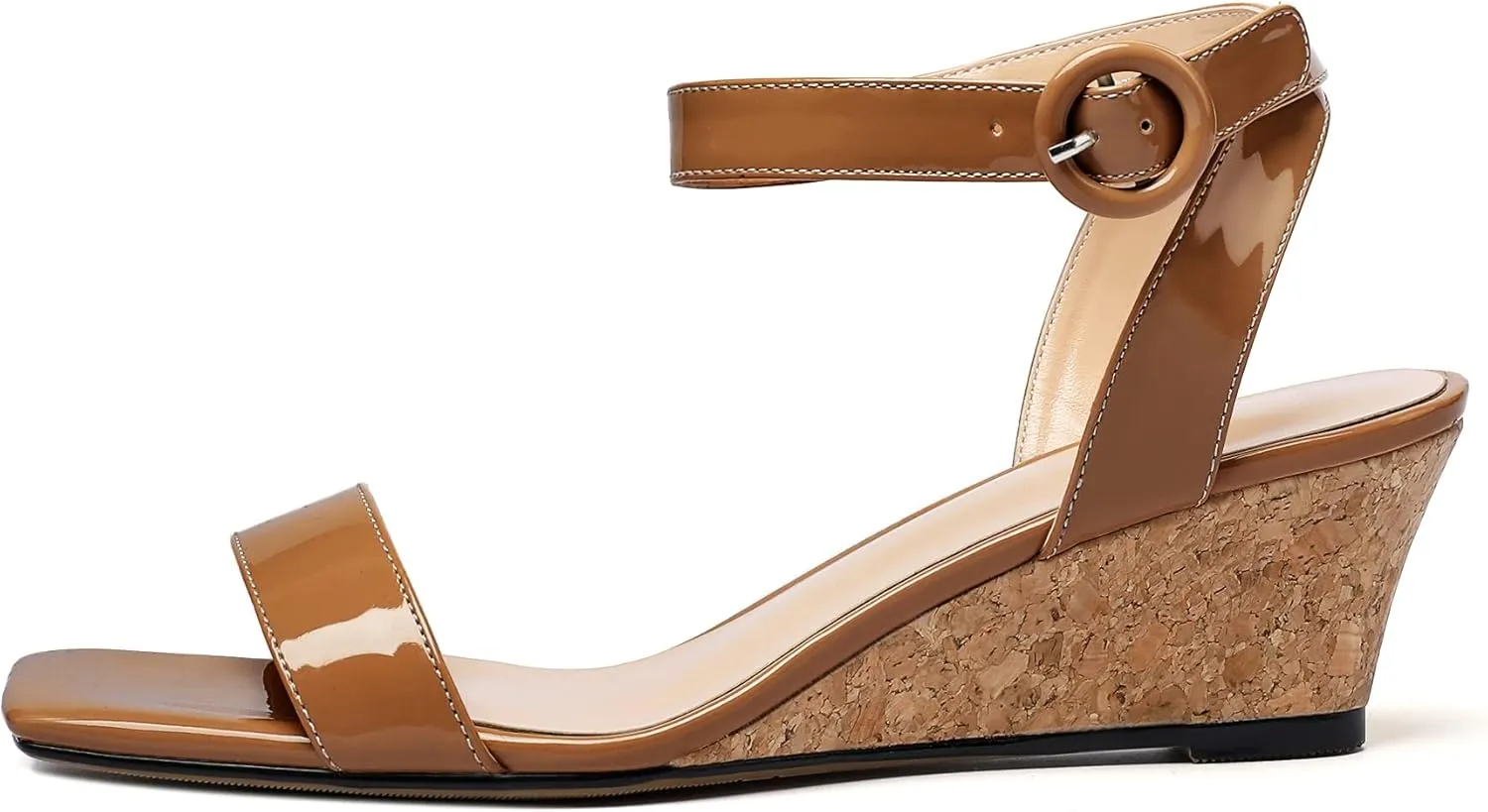 YODEKS Womens Wedge Sandals 2 Inch Low Cork Heel Pumps Square Open Toe Shoes with Ankle Strap for Party Workplace Casual Dress